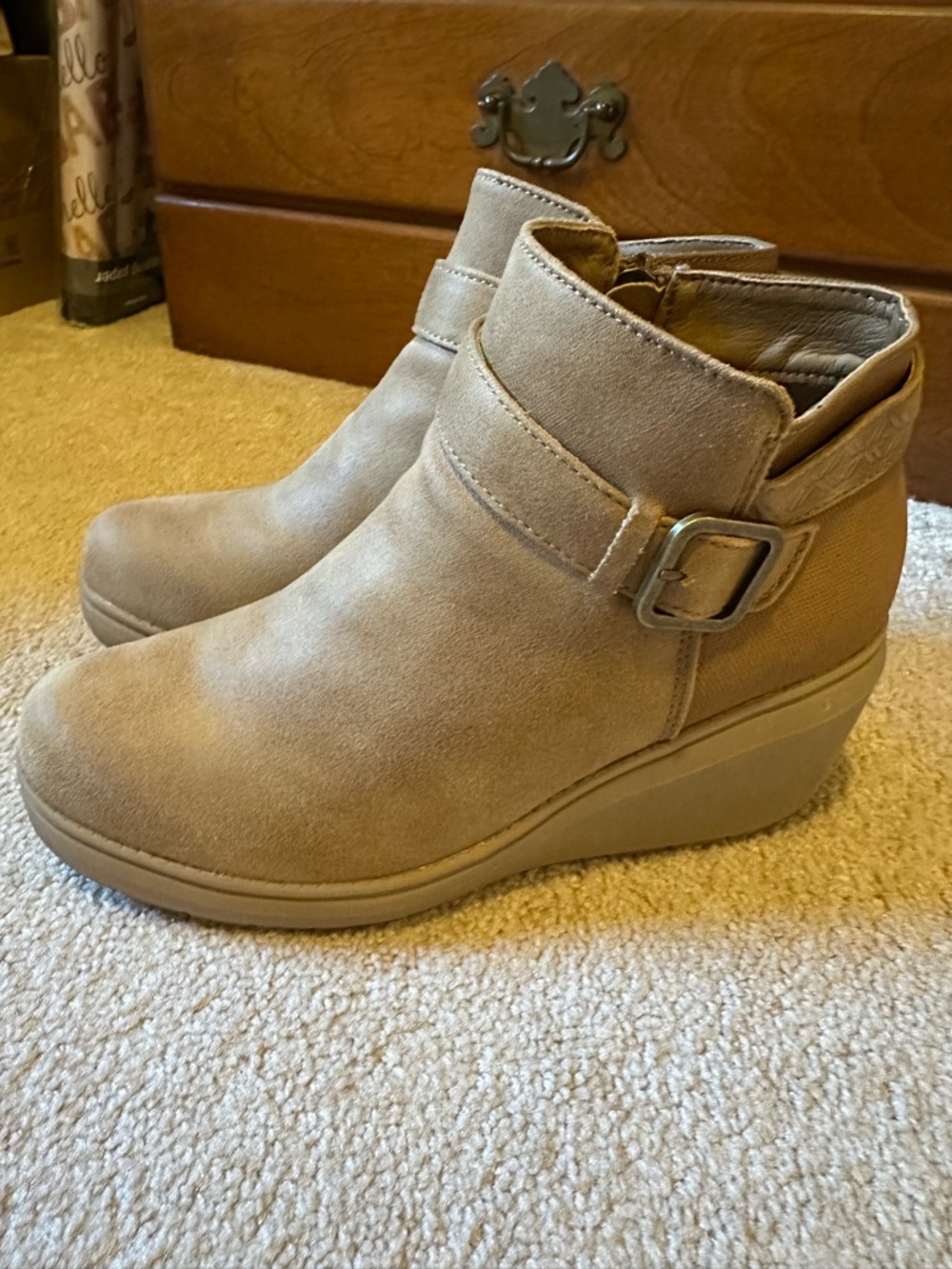 Skechers Taupe Suede Wedge Ankle Boots with Side Buckle